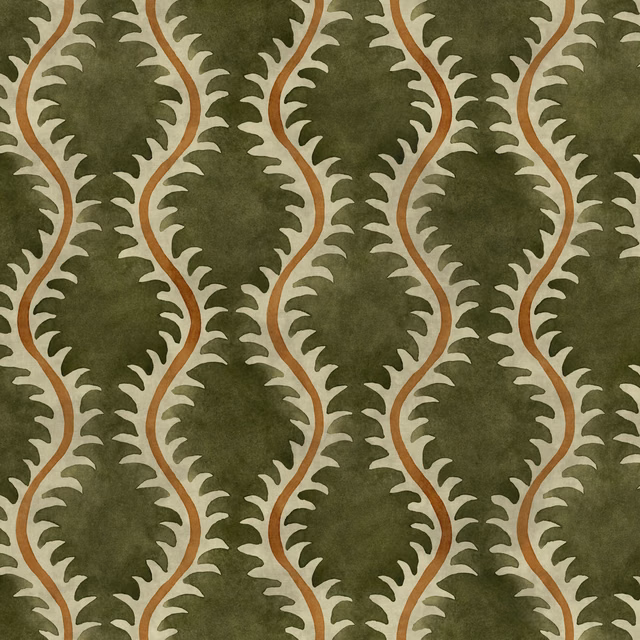 Deep moss olive fabric with cream scalloped forms and winding terracotta stripes