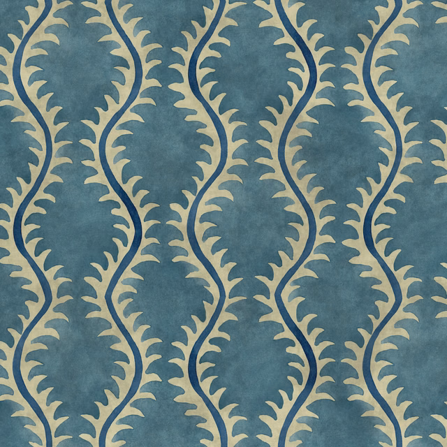 Mottled ocean-teal fabric with pale beige scrolling leafy vines and dark blue outlines