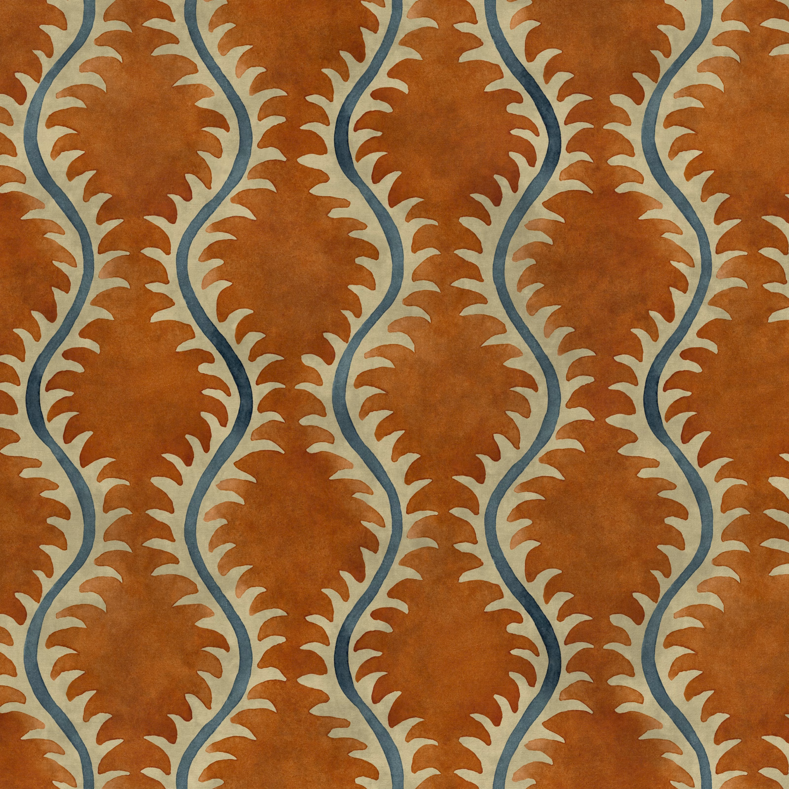 Terracotta ogee foliage with pale blue-grey serpentine lines on a mottled ground