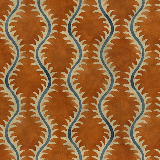 Terracotta ogee foliage with pale blue-grey serpentine lines on a mottled ground