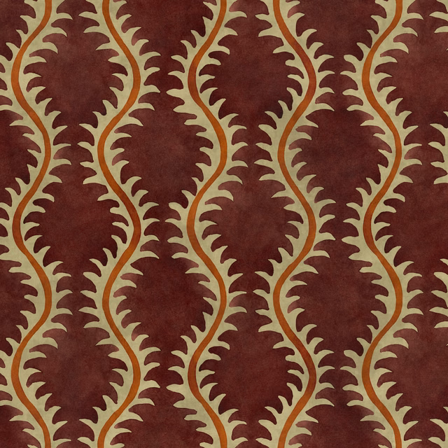 Deep redcurrant fabric with repeating olive leafy vines and a softly mottled surface