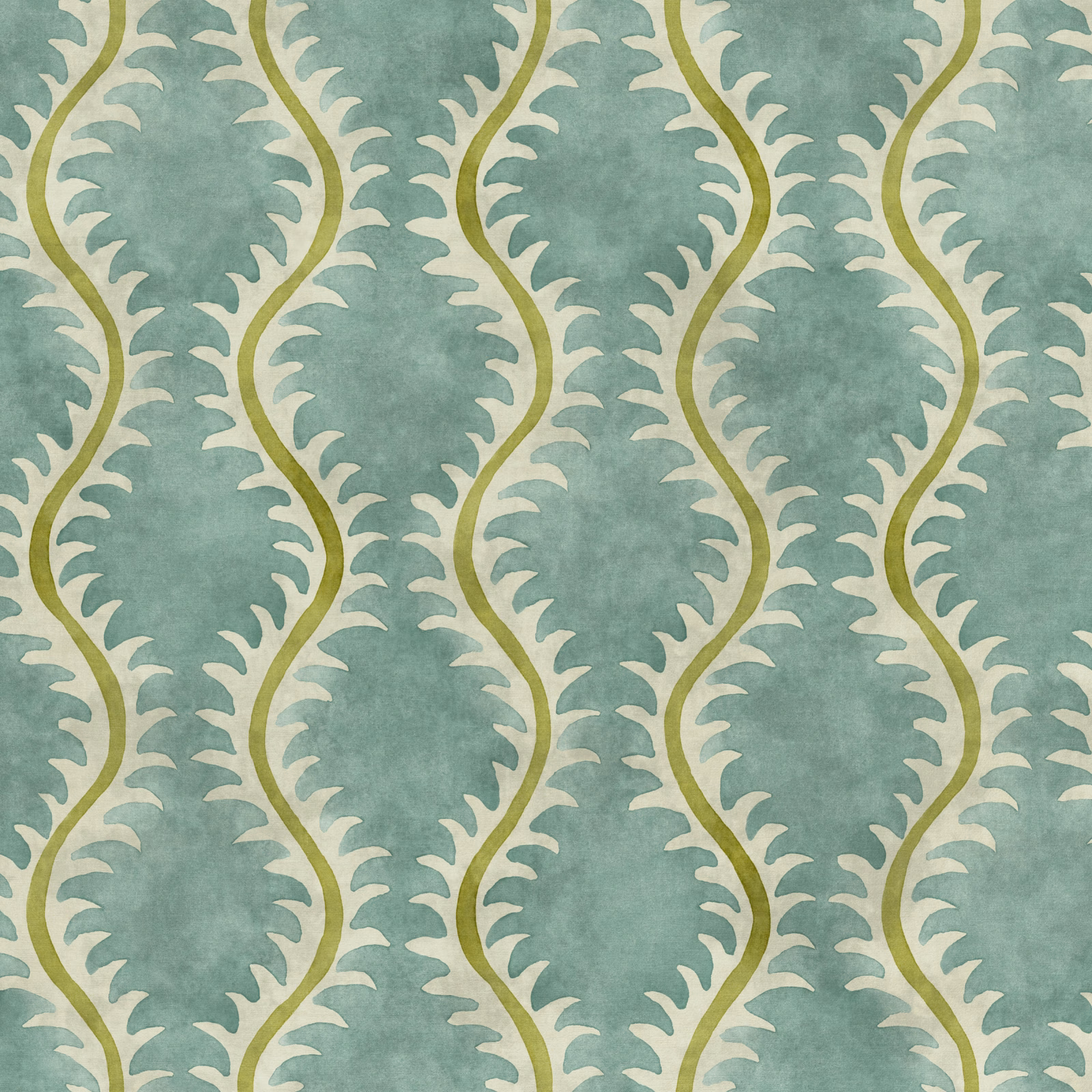 Muted teal-blue ground with lilac-cream scrolling leaf stripes and olive stems
