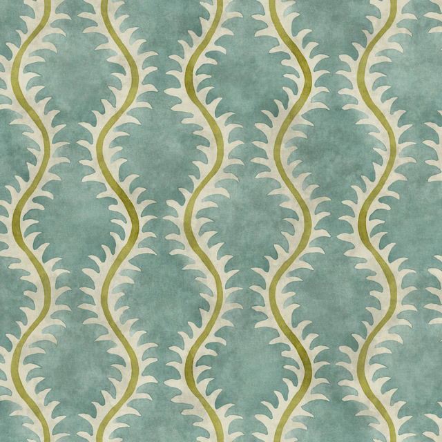 Muted teal-blue ground with lilac-cream scrolling leaf stripes and olive stems