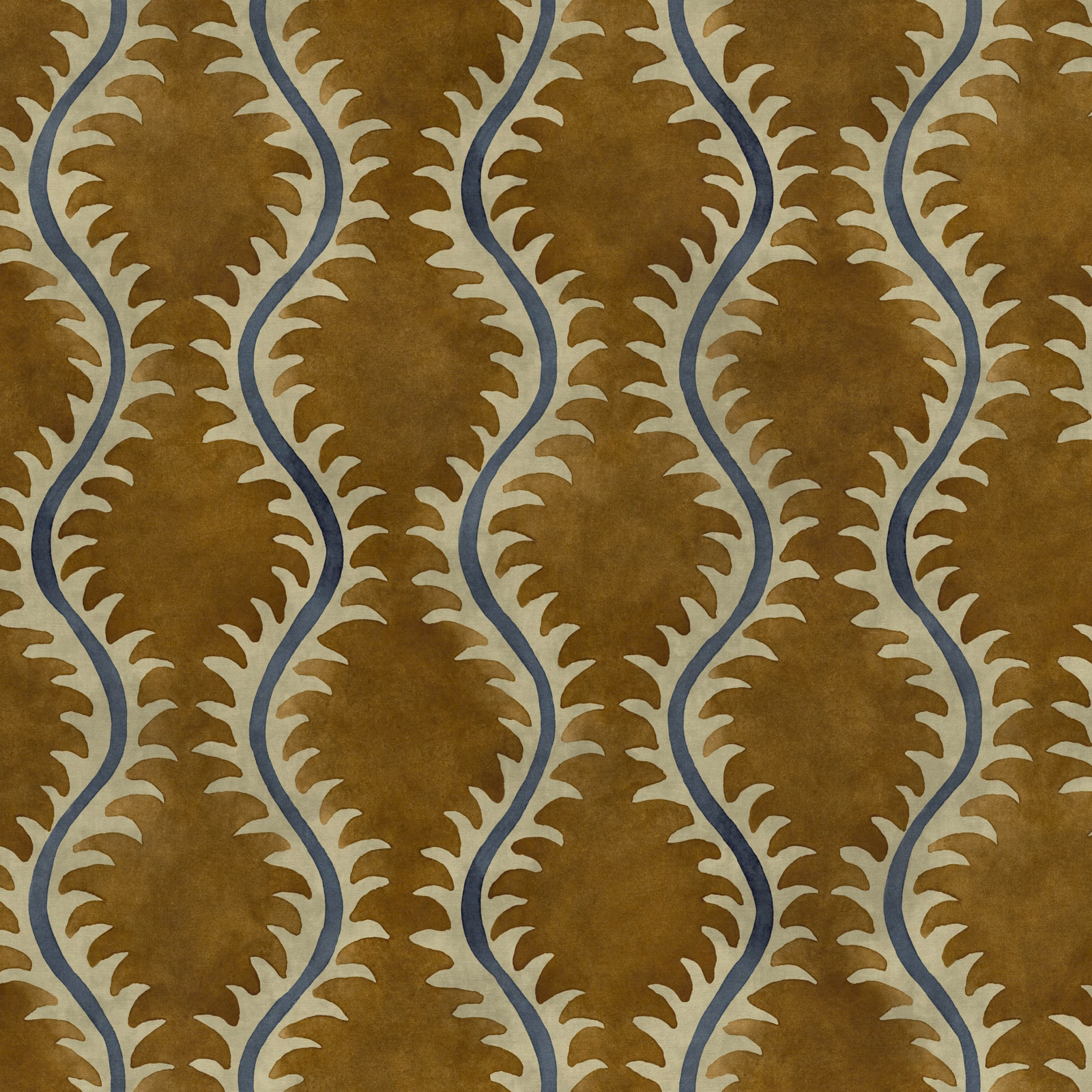 Turmeric ochre fabric with cream leafy ovals and winding blue-grey lines