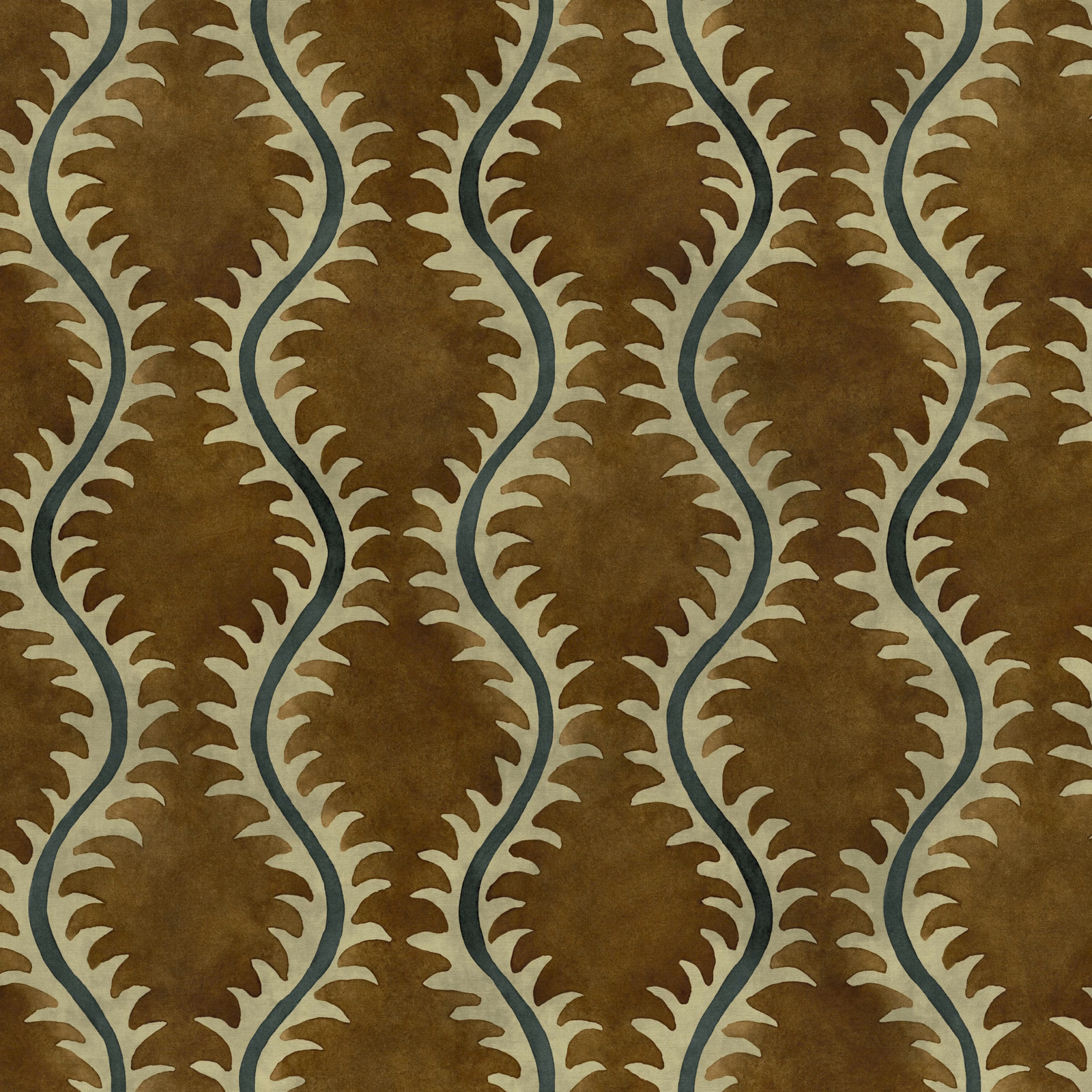 Umber brown fabric with blue-grey vines and cream pointed leaf motifs