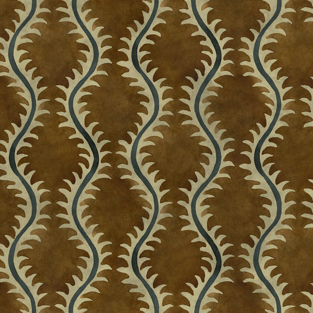 Umber brown fabric with blue-grey vines and cream pointed leaf motifs