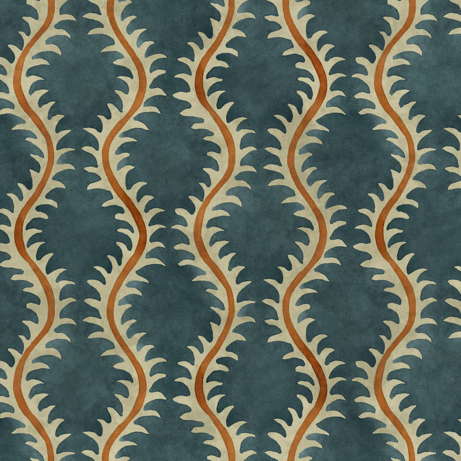 Deep teal fabric with rust stems and curling ochre leaf motifs