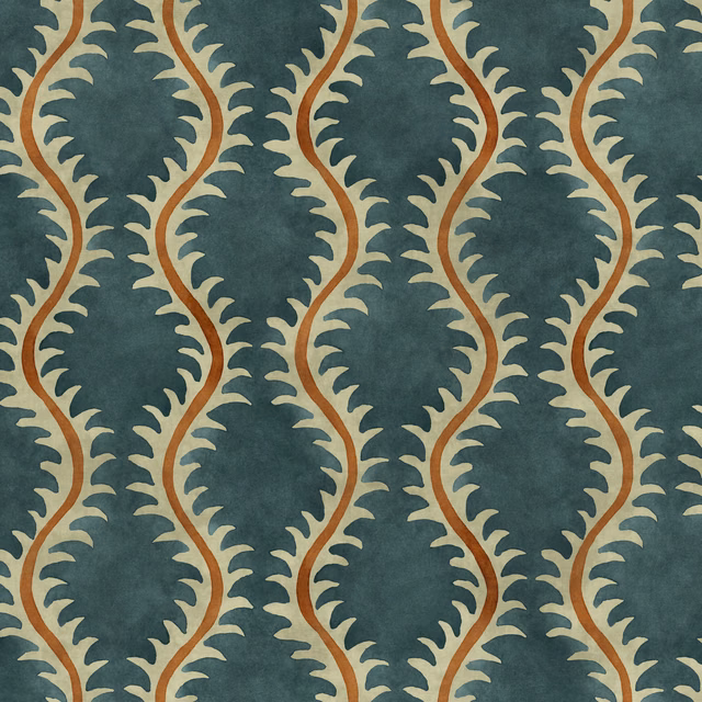 Deep teal fabric with rust stems and curling ochre leaf motifs