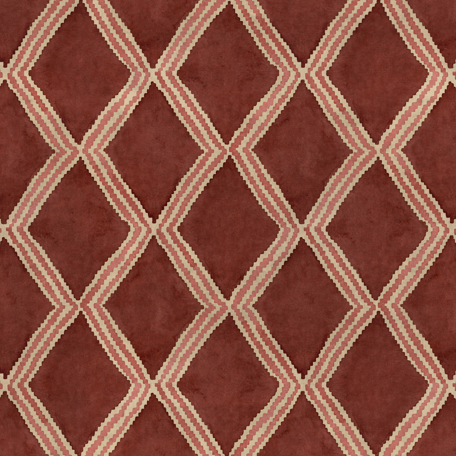 Blush red geometric woven fabric with cream diamond lattice pattern