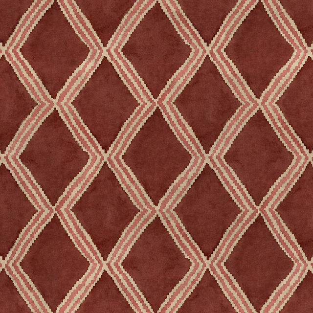 Blush red geometric woven fabric with cream diamond lattice pattern