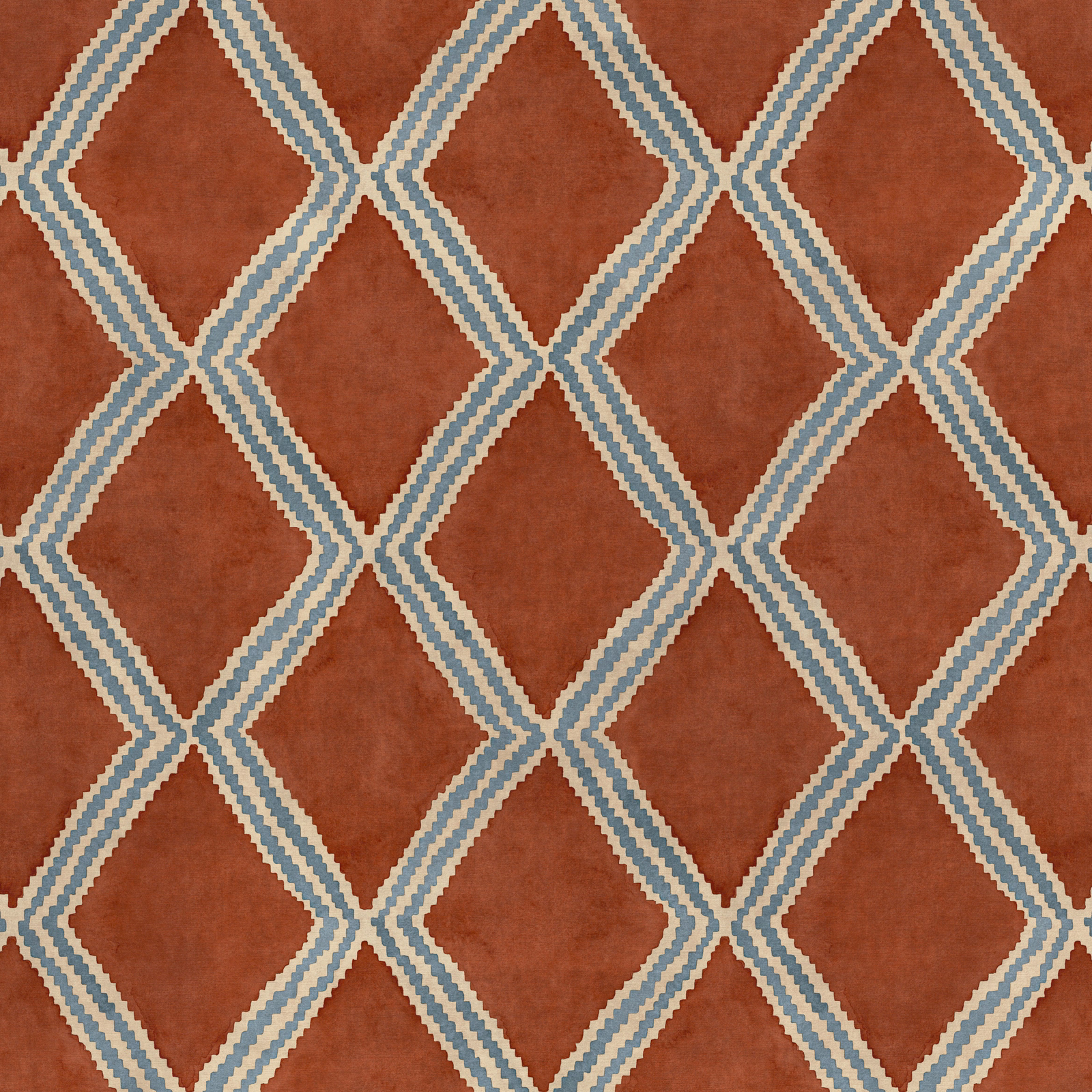 Terracotta geometric fabric with pale blue and cream diamond lattice