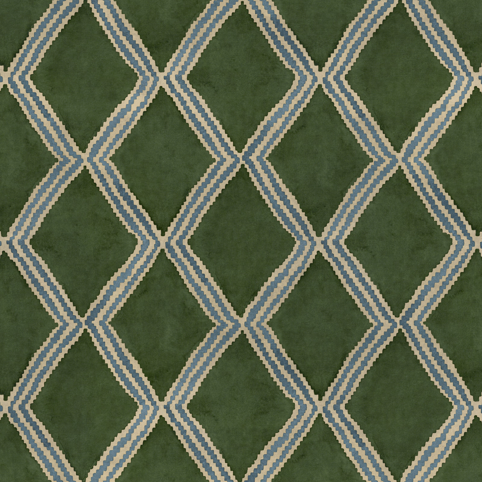 Dark green geometric fabric with cream and blue diamond lattice