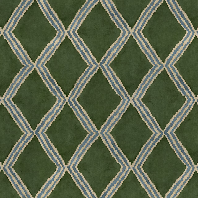 Dark green geometric fabric with cream and blue diamond lattice