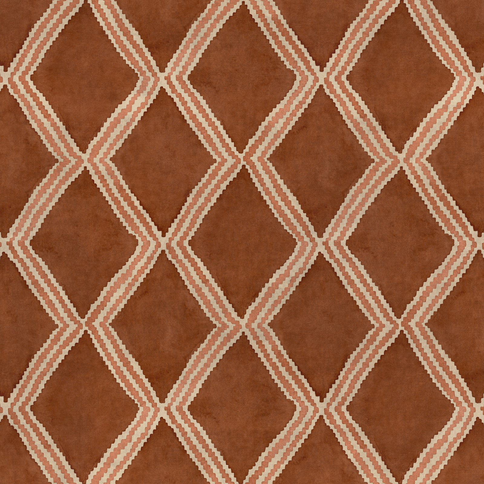 Warm rust fabric with cream diamond lattice geometric pattern