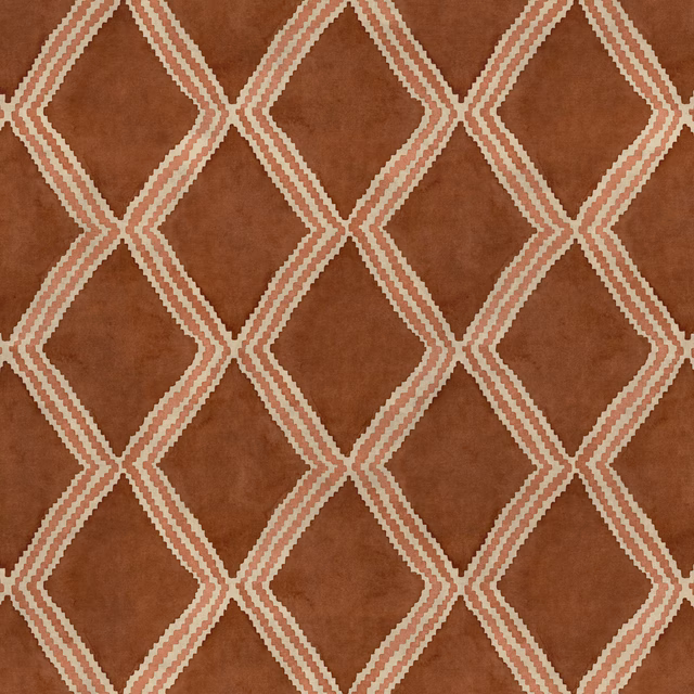 Warm rust fabric with cream diamond lattice geometric pattern