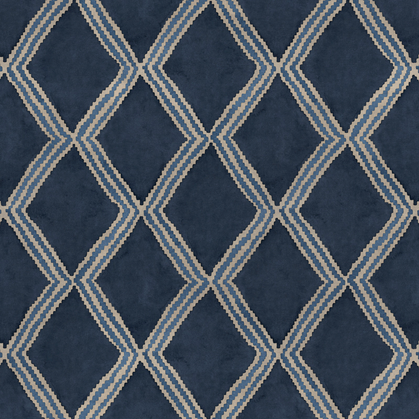Deep indigo geometric fabric with cream zigzag lattice pattern