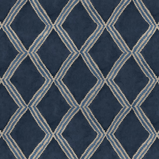 Deep indigo geometric fabric with cream zigzag lattice pattern