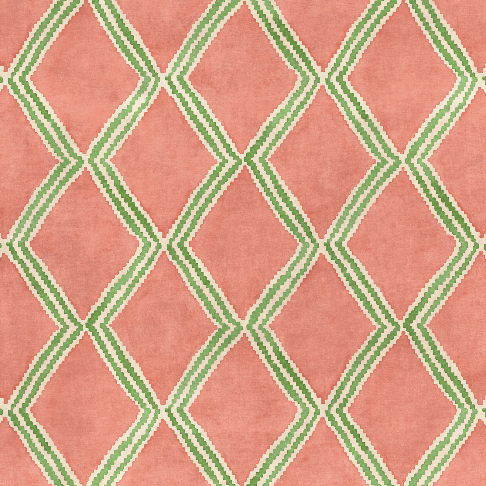 Coral pink geometric fabric with green diamond lattice weave