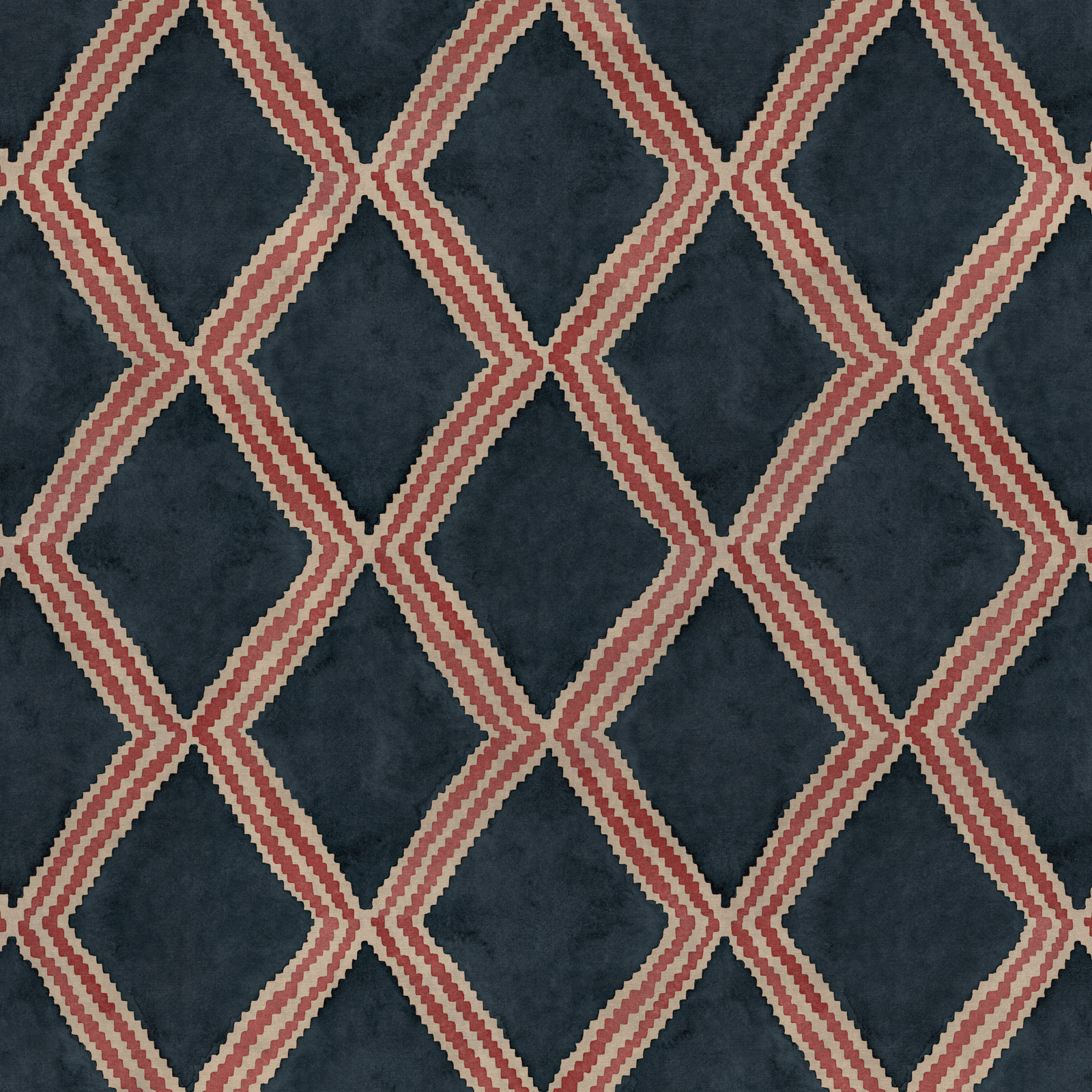 Dark navy geometric fabric with berry and cream diamond lattice weave