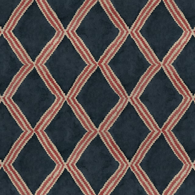 Dark navy geometric fabric with berry and cream diamond lattice weave