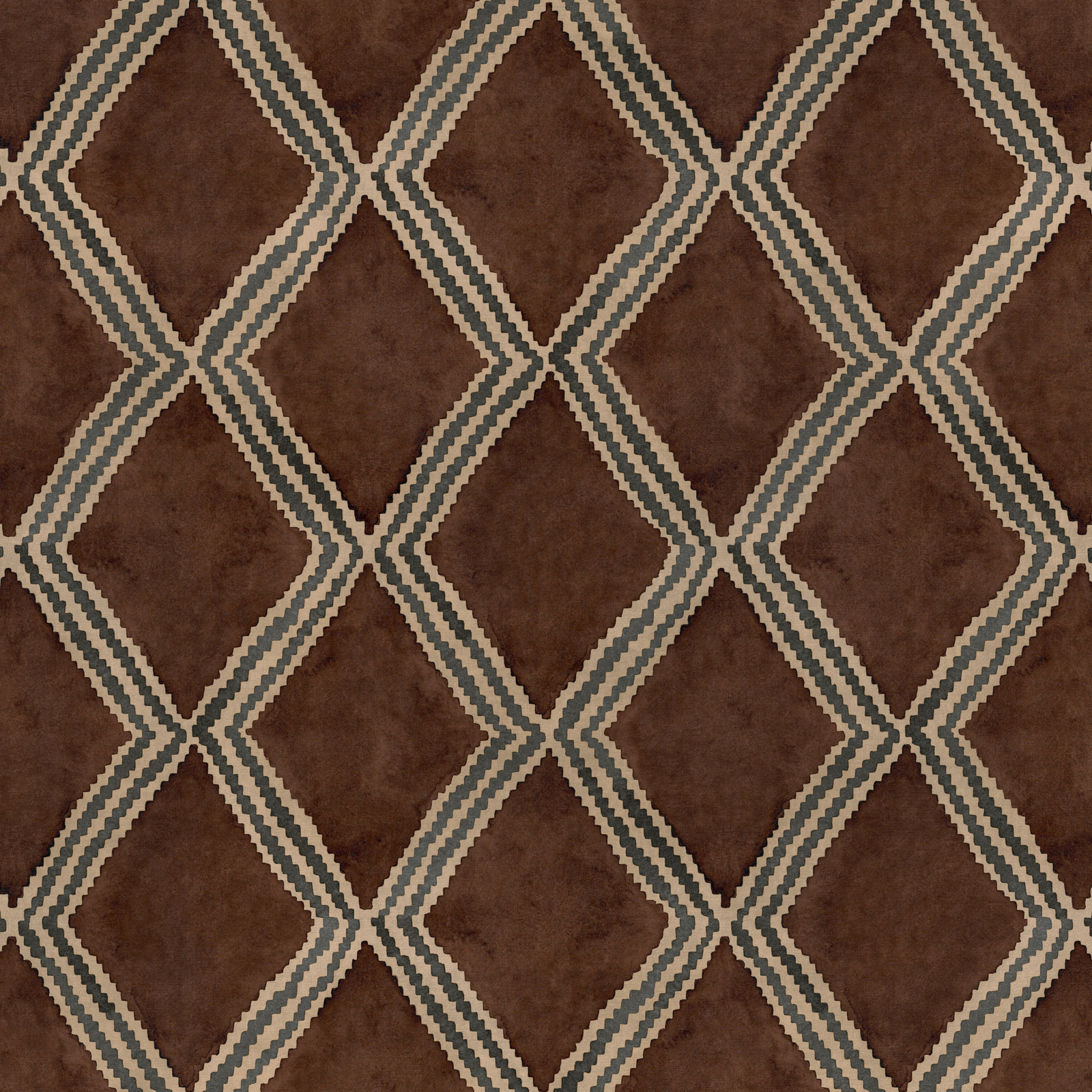 Mocha brown geometric fabric with cream and teal diamond lattice