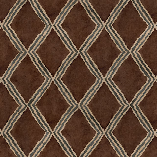 Mocha brown geometric fabric with cream and teal diamond lattice