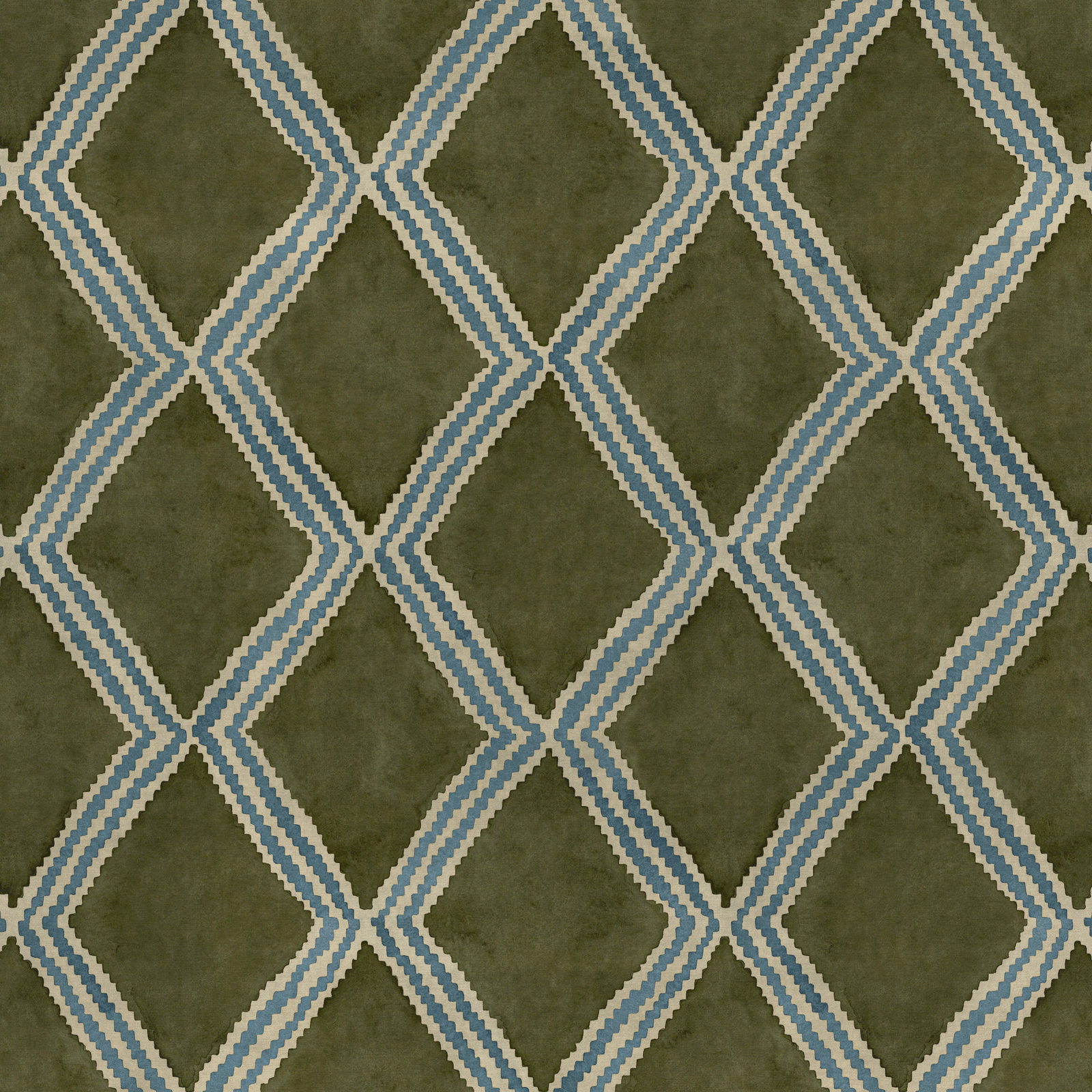 Olive green geometric fabric with pale blue and cream diamond lattice