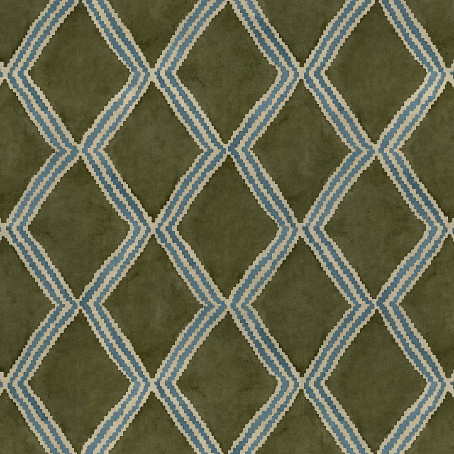 Olive green geometric fabric with pale blue and cream diamond lattice