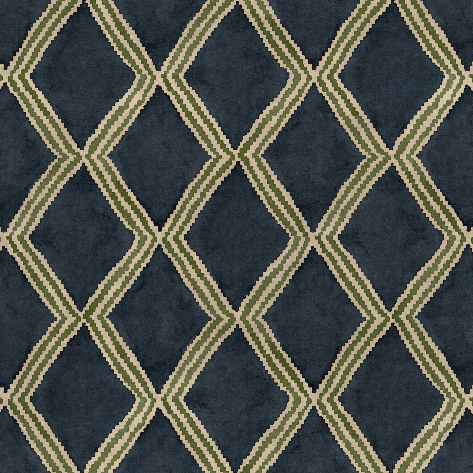 Deep blue geometric trellis fabric with cream and green diamond stripes