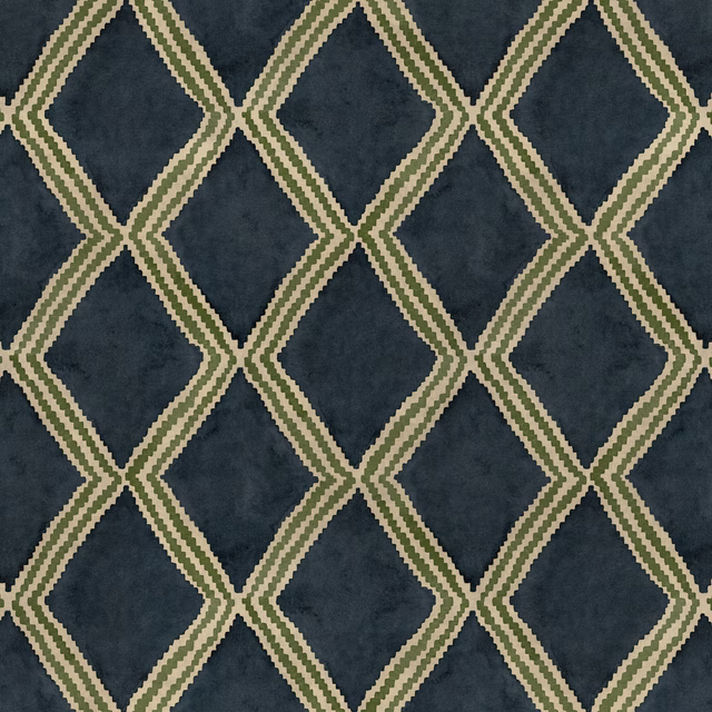 Deep blue geometric trellis fabric with cream and green diamond stripes
