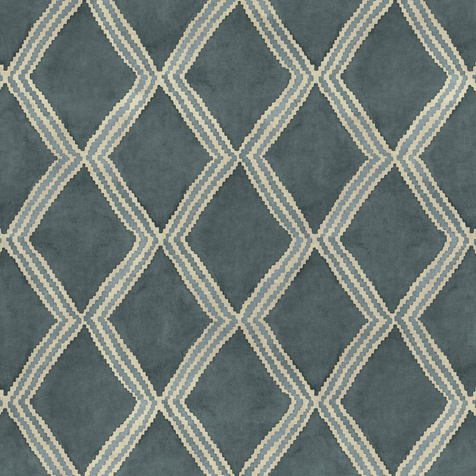 Blue-grey teal geometric fabric with cream diamond lattice pattern