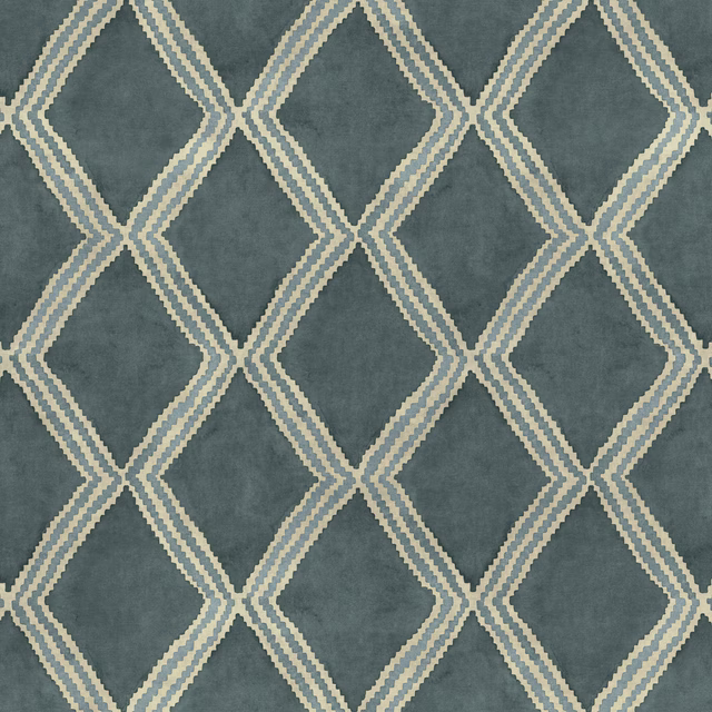 Blue-grey teal geometric fabric with cream diamond lattice pattern