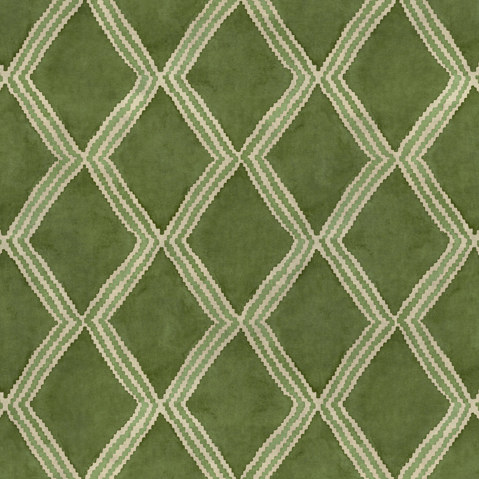Green geometric upholstery fabric with pale lattice diamond pattern