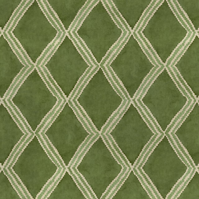 Green geometric upholstery fabric with pale lattice diamond pattern
