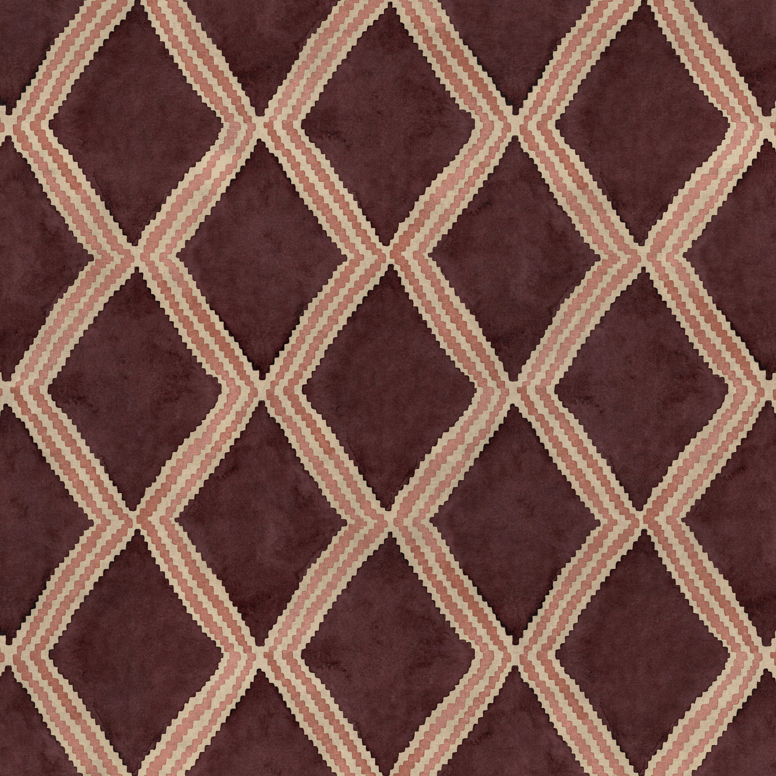 Maroon geometric fabric with cream zigzag diamond lattice pattern