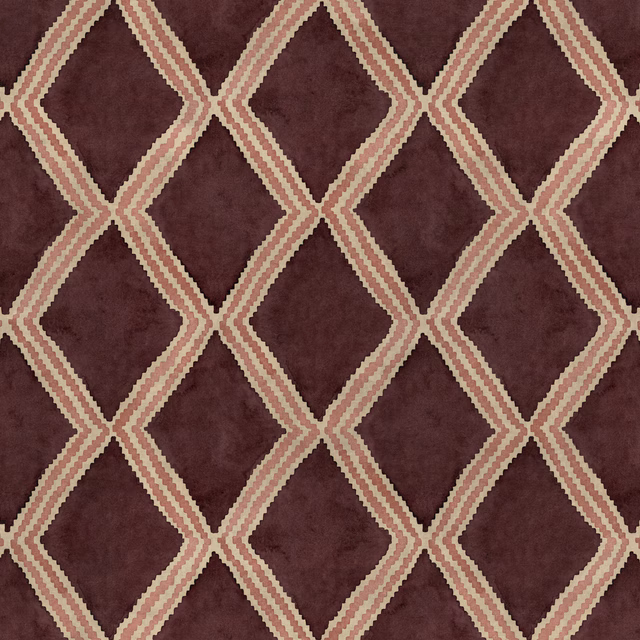 Maroon geometric fabric with cream zigzag diamond lattice pattern