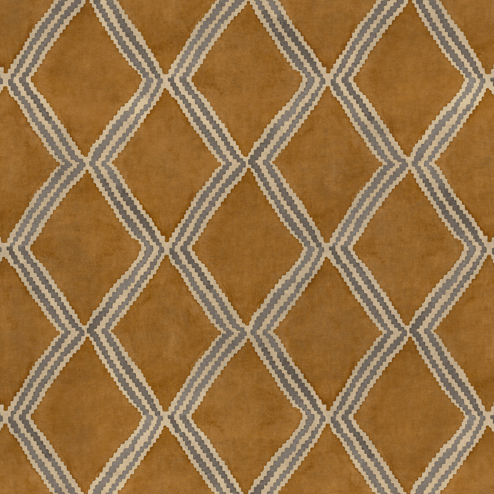 Warm treacle-brown geometric fabric with ivory and grey diamond lattice