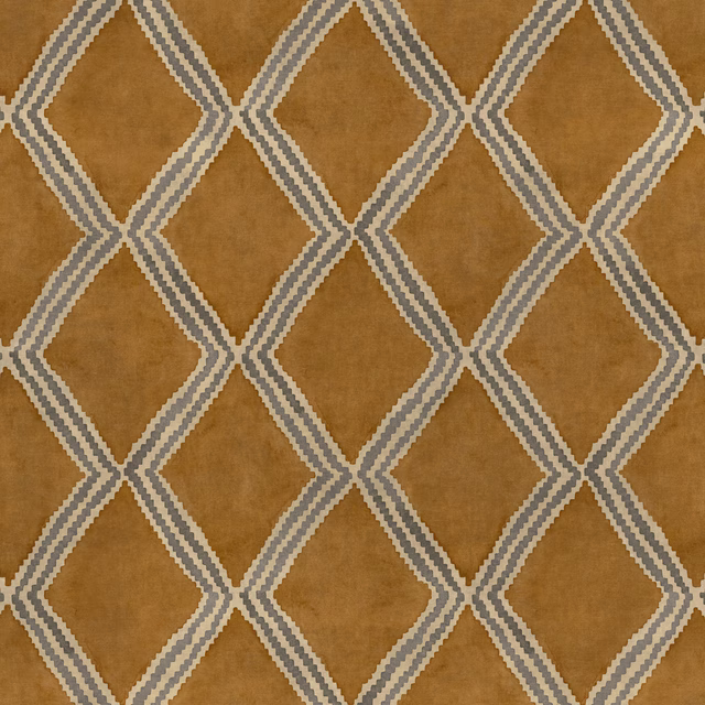 Warm treacle-brown geometric fabric with ivory and grey diamond lattice