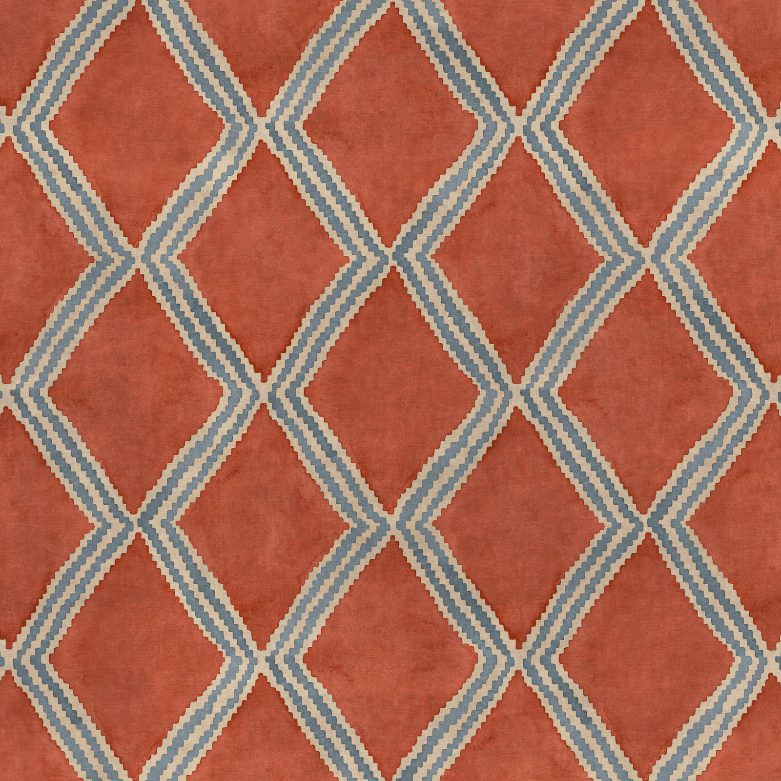 Terracotta geometric fabric with blue striped diamond lattice pattern