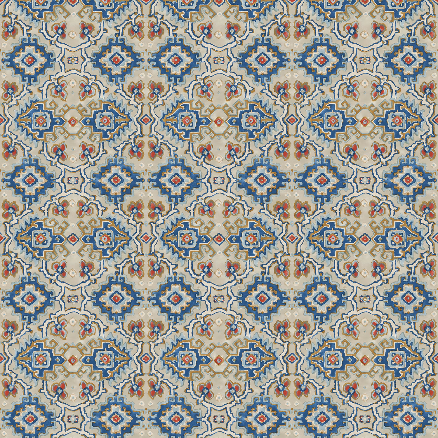 Bluestone blue geometric kilim pattern with cream, terracotta and ochre detailing