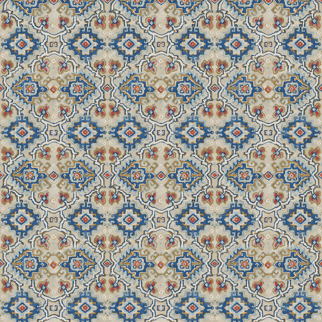 Bluestone blue geometric kilim pattern with cream, terracotta and ochre detailing