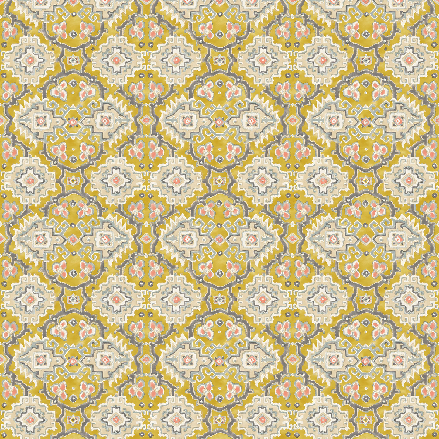 Muted chartreuse and olive geometric kilim pattern with ivory medallions and coral accents