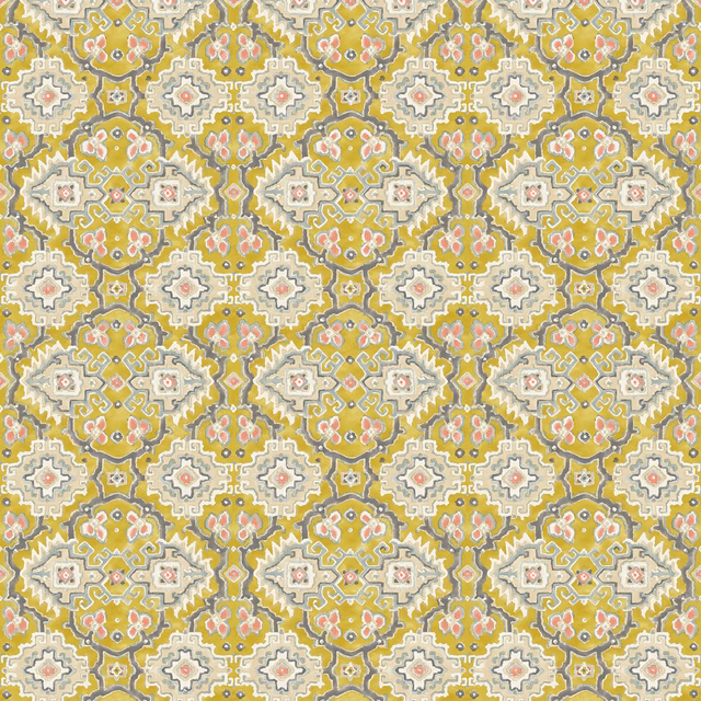 Muted chartreuse and olive geometric kilim pattern with ivory medallions and coral accents