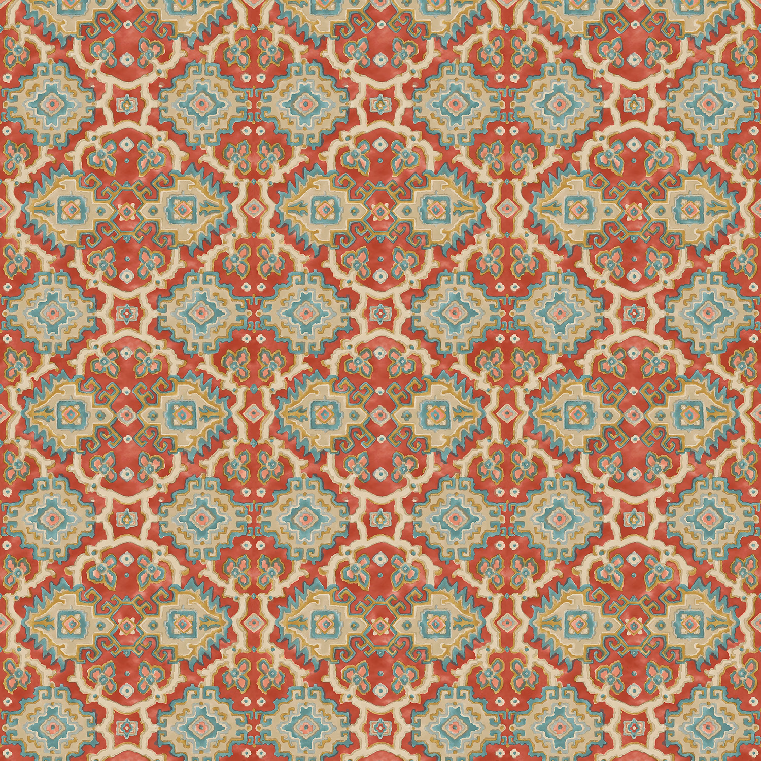 Warm chilli-red kilim geometric fabric with aqua, cream and ochre motifs