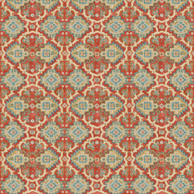 Warm chilli-red kilim geometric fabric with aqua, cream and ochre motifs