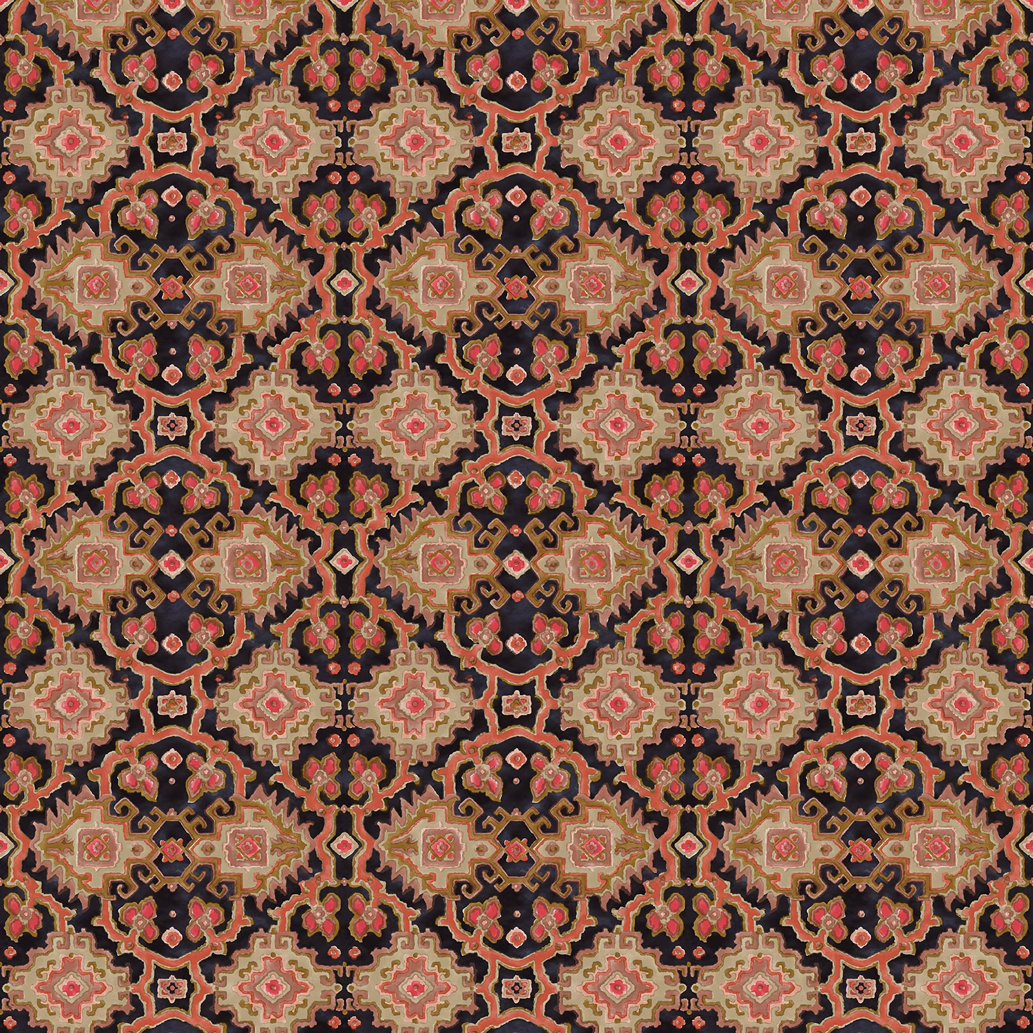 Coral and cream kilim geometric repeat on a deep charcoal textile ground