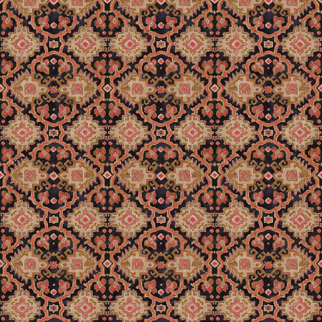 Coral and cream kilim geometric repeat on a deep charcoal textile ground