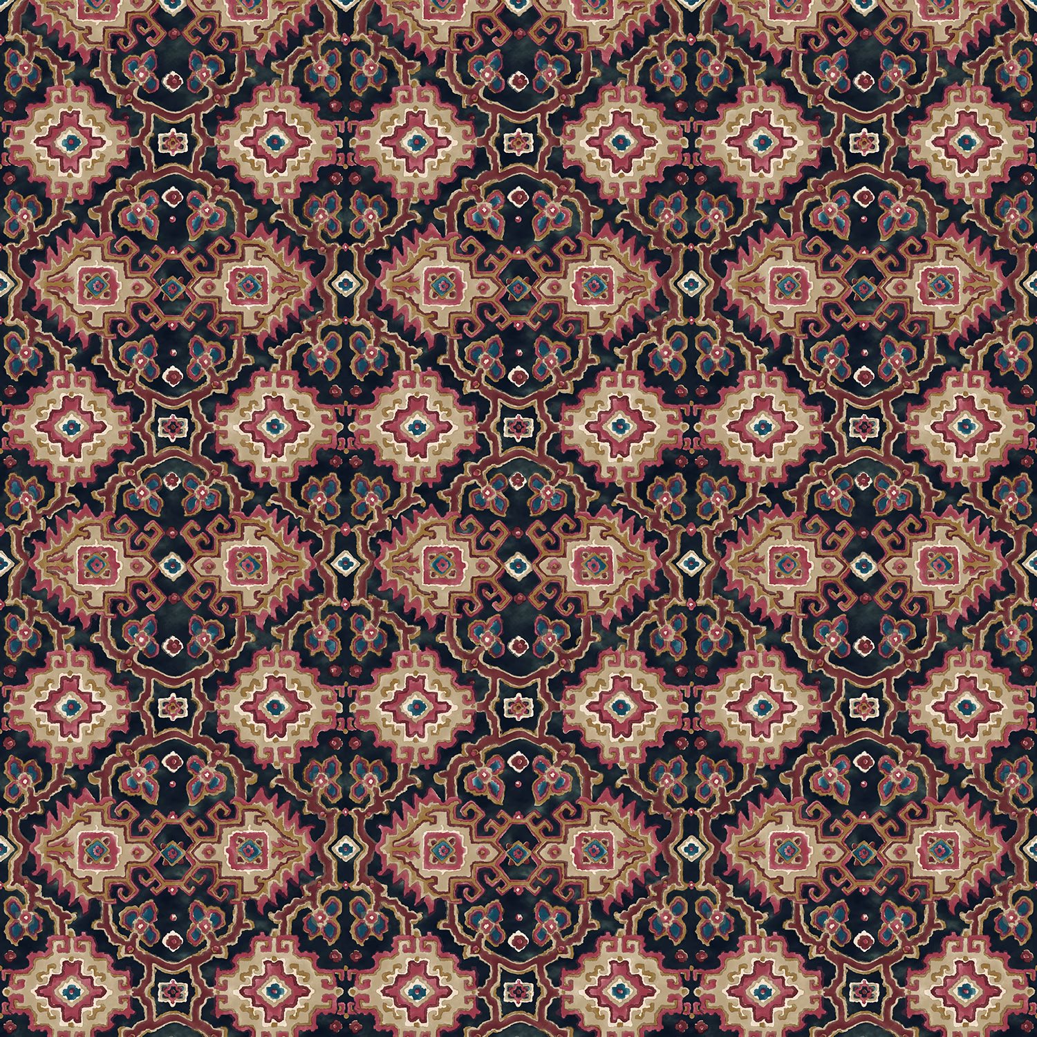 Damson geometric kilim pattern with cream medallions, teal details and dense dark ground
