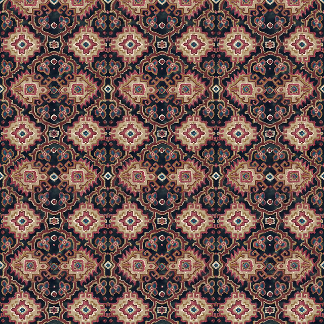 Damson geometric kilim pattern with cream medallions, teal details and dense dark ground