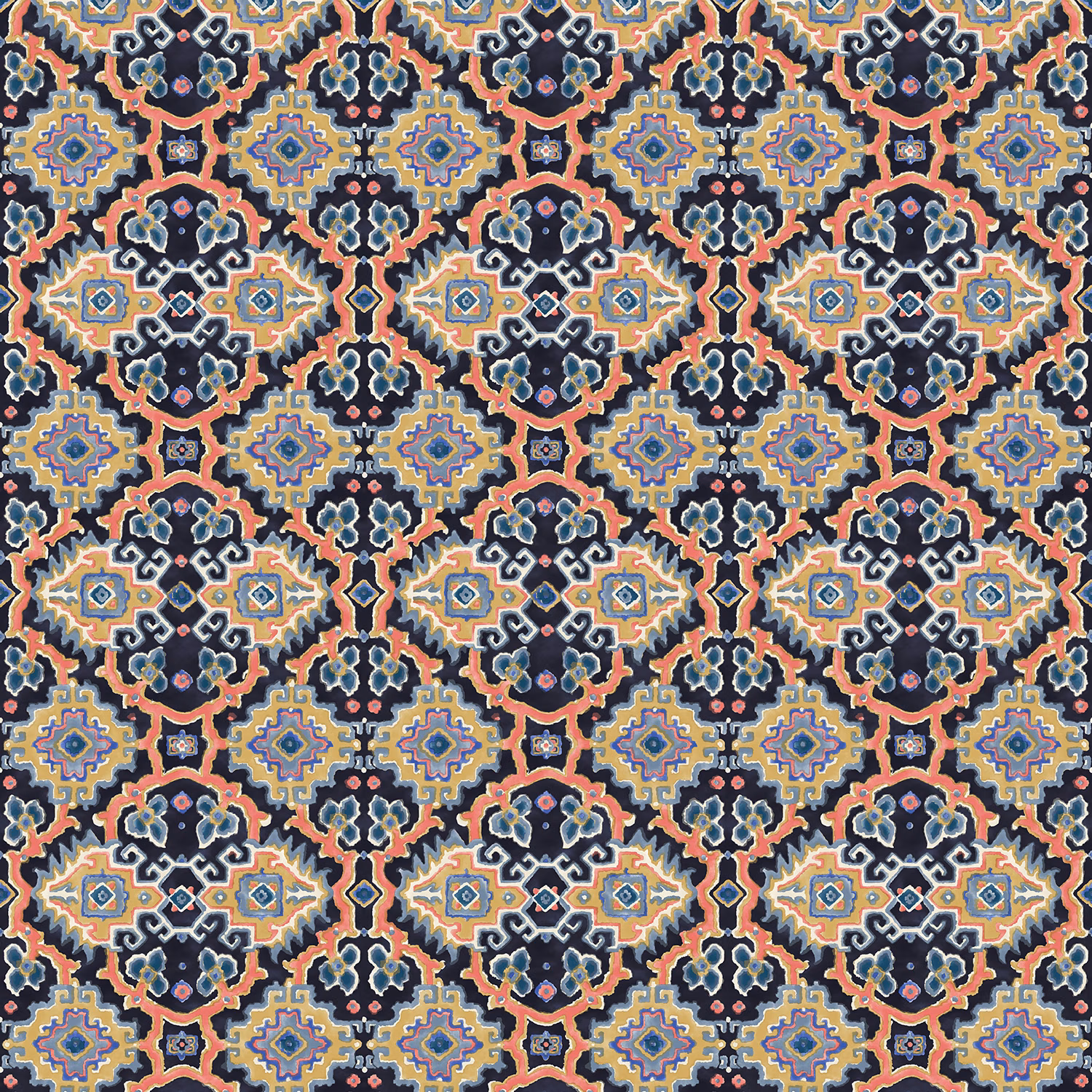 Dense navy, coral, ochre and cream geometric kilim repeat on Kami Dragon